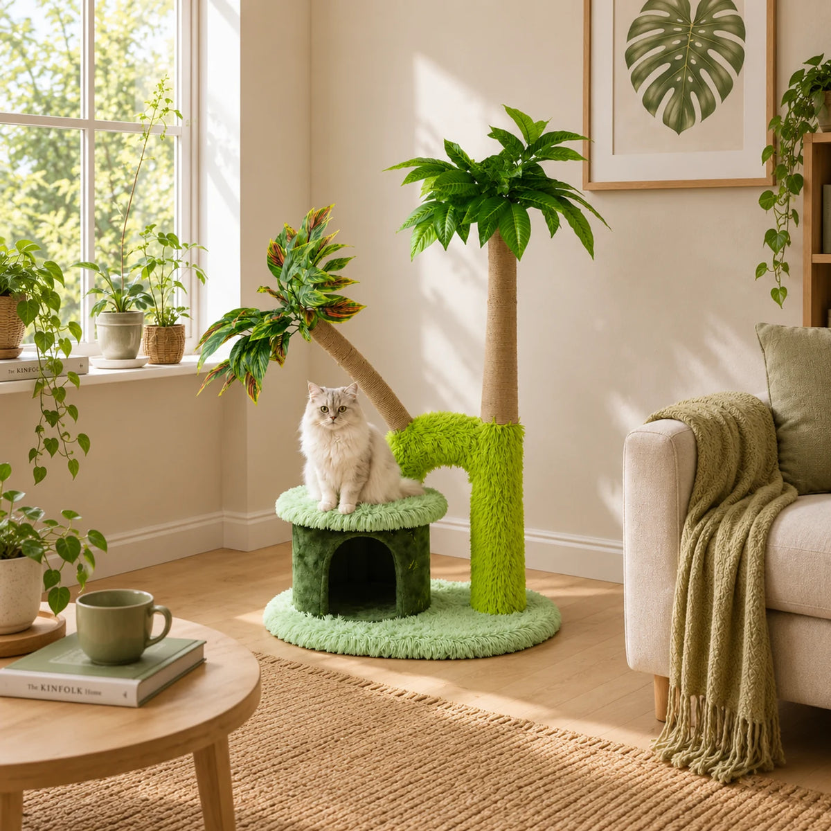 Arbre à chat palmier Palmélia de 118 cm intégré dans un intérieur avec sa base compacte de 60 × 40 cm.