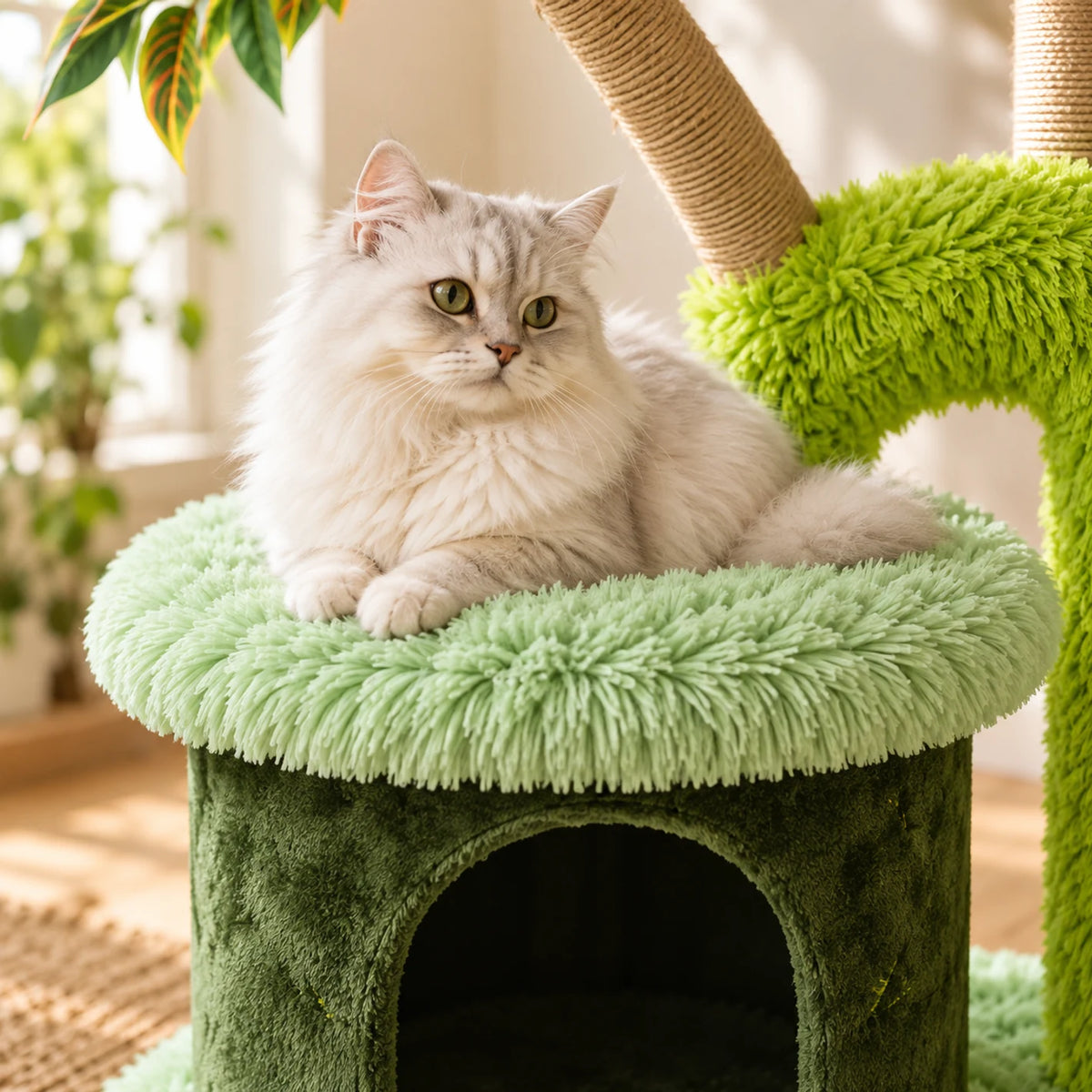 Gros plan du toit en peluche et de la niche rembourrée de l’arbre à chat Palmélia.
