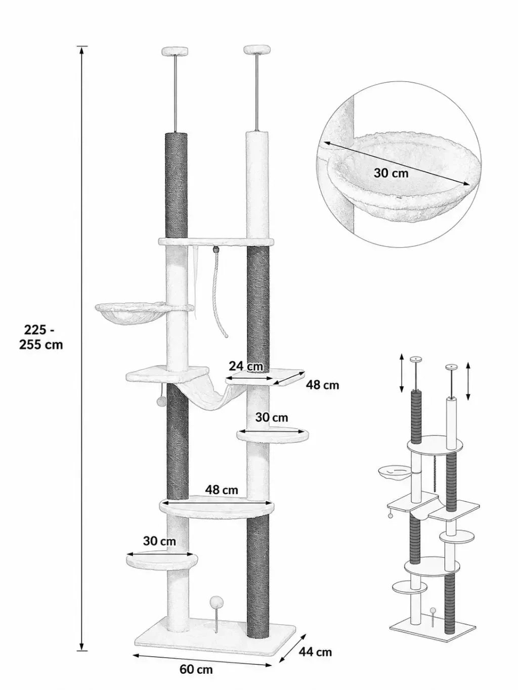 Dimensions de l’arbre à chat plafond Célestia : 60 × 44 cm et hauteur réglable de 225 à 255 cm