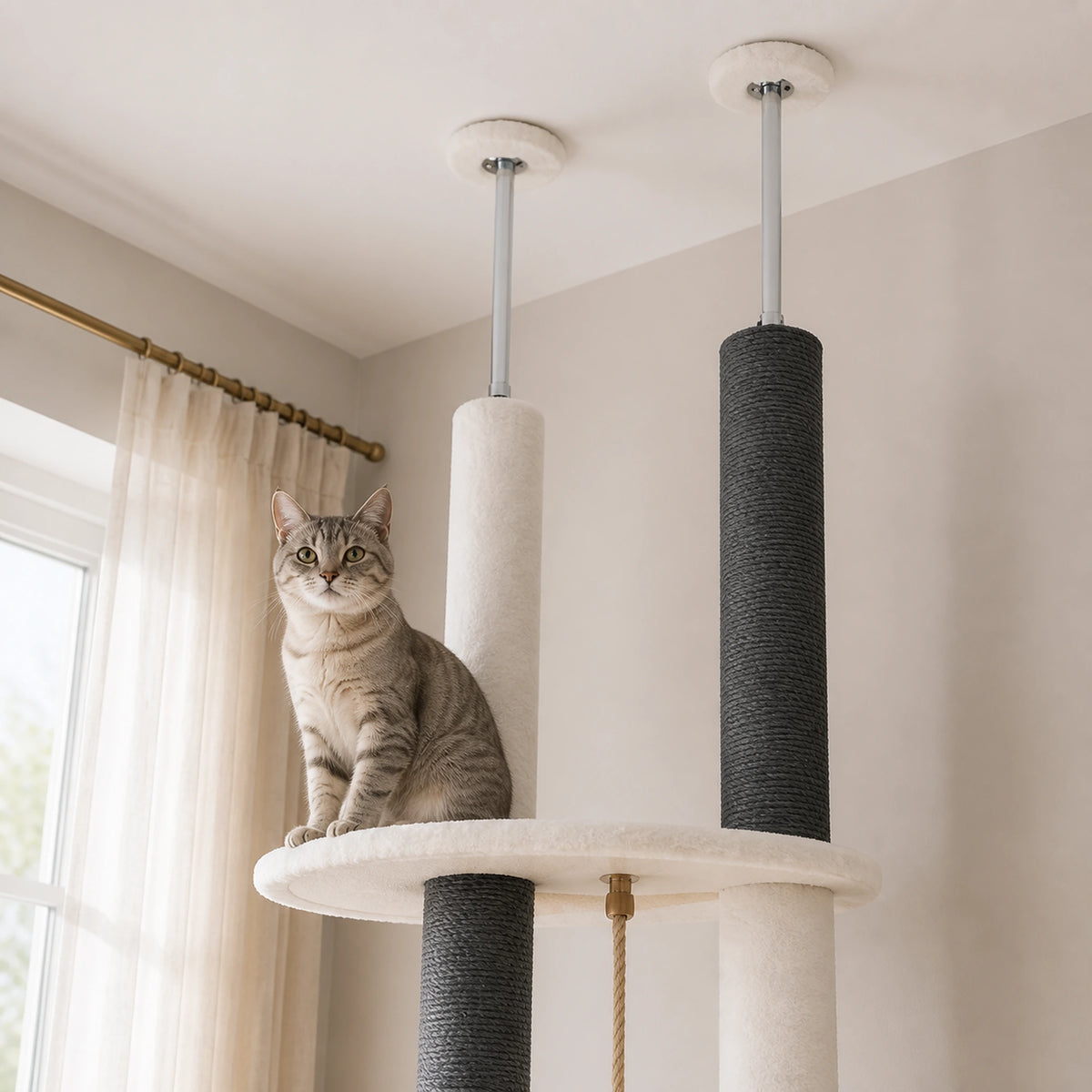 Chat près de la double fixation réglable au plafond de l’arbre à chat blanc Célestia ajustable