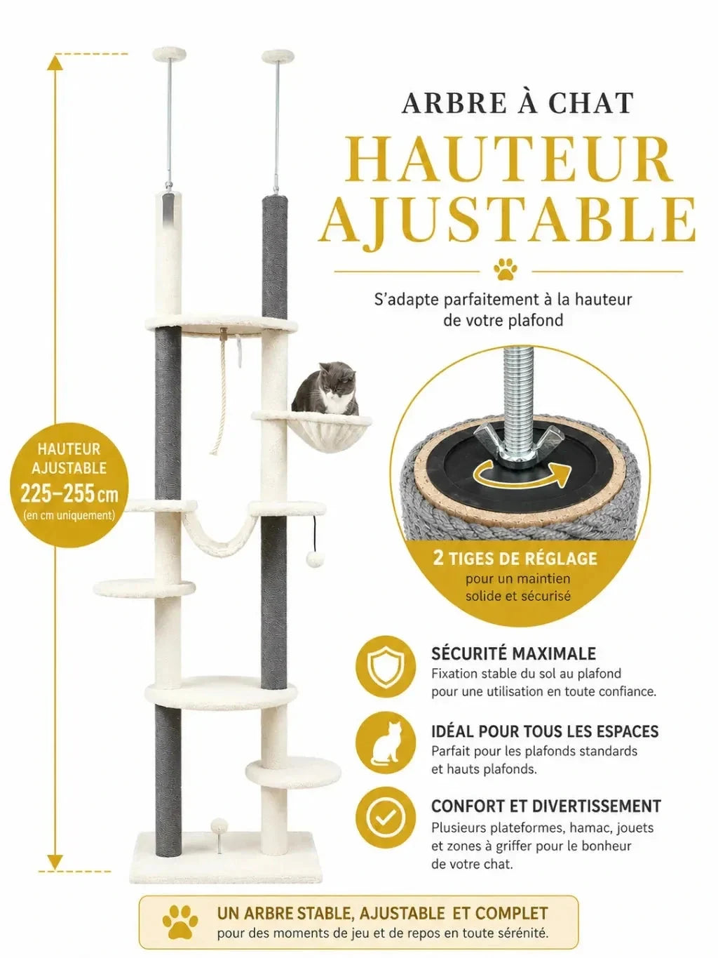 Hauteur réglable de 225 à 255 cm de l’arbre à chat plafond blanc Célestia avec double appui