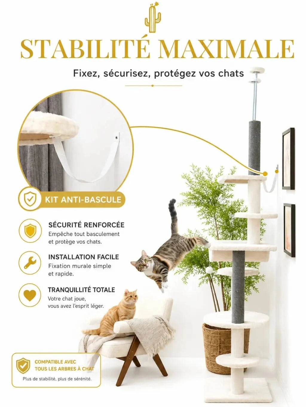 Double appui plafond et kit anti-bascule de l’arbre à chat blanc ajustable Célestia