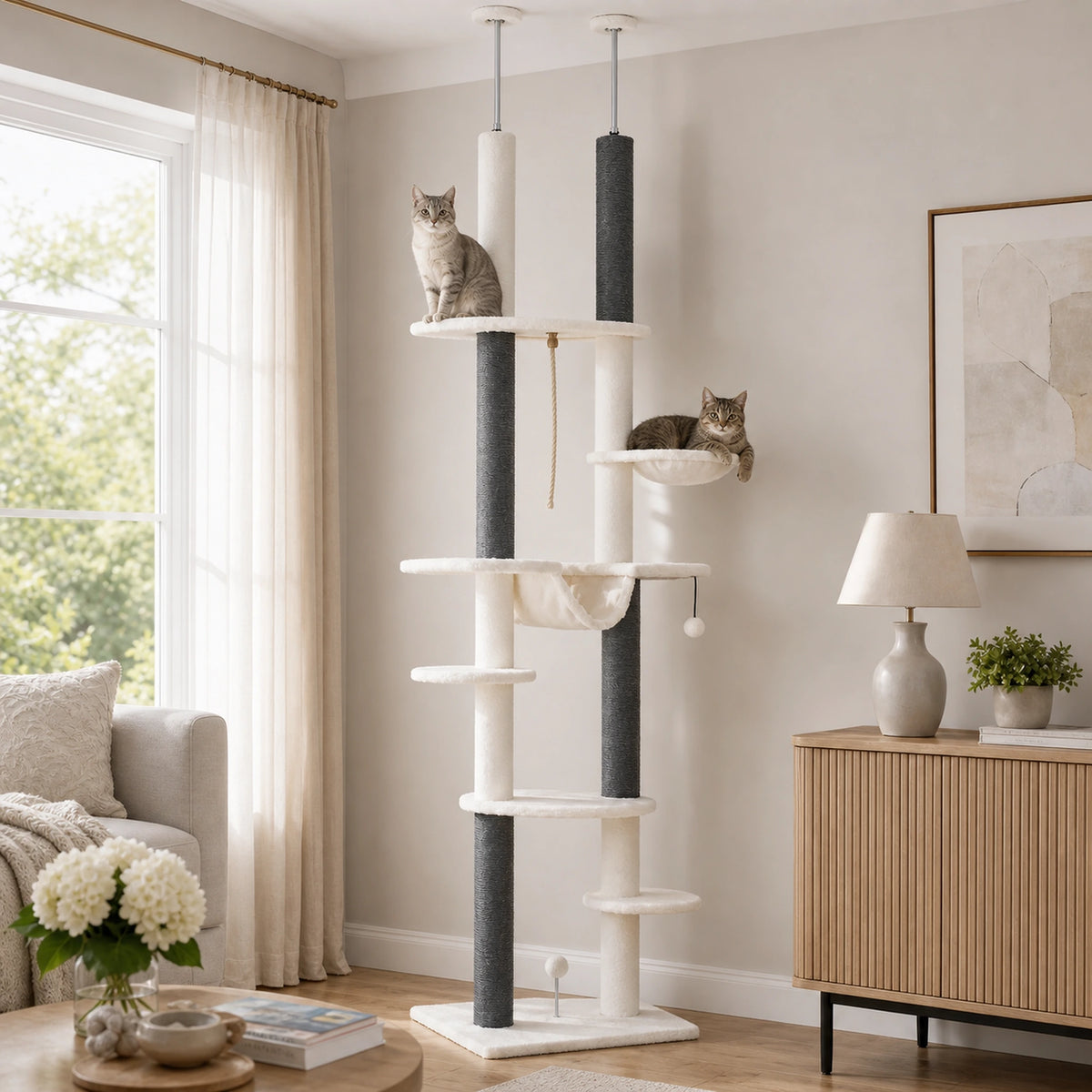 Arbre à chat plafond blanc Célestia installé dans un salon avec un chat perché sur le parcours vertical