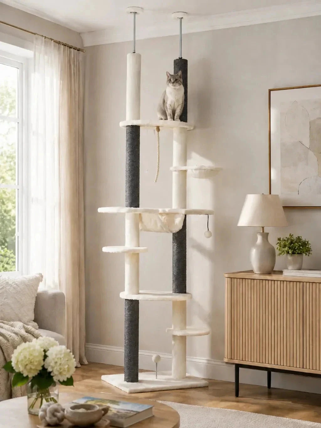 Arbre à chat plafond blanc Célestia installé dans un salon avec plusieurs niveaux de repos verticaux