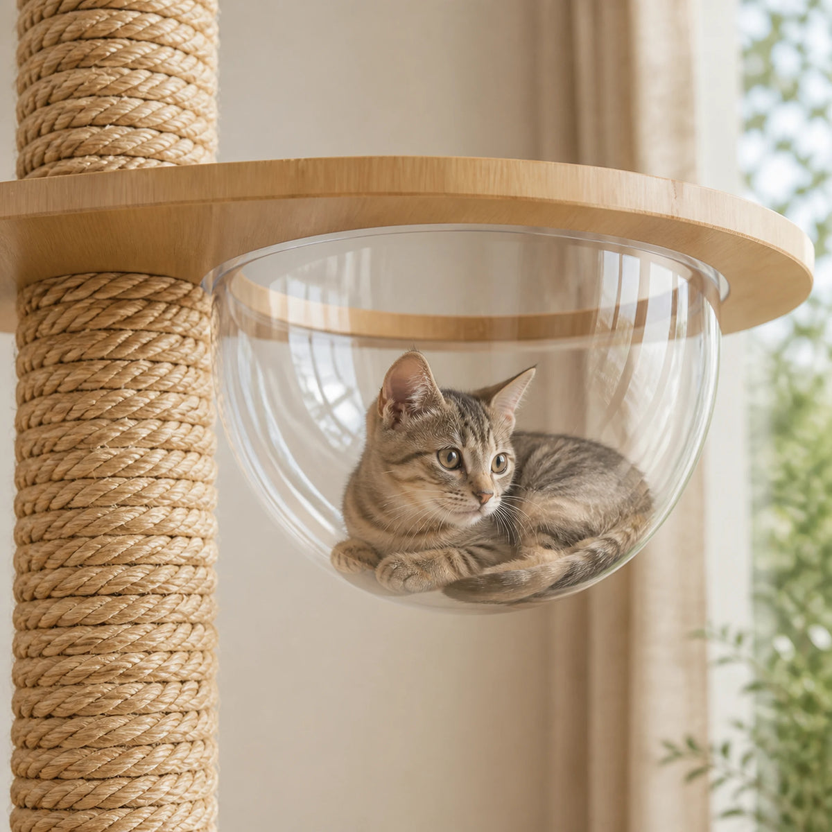 Petit chat confortablement lové dans la bulle transparente de 30 cm de l’arbre à chat plafond Sommélia