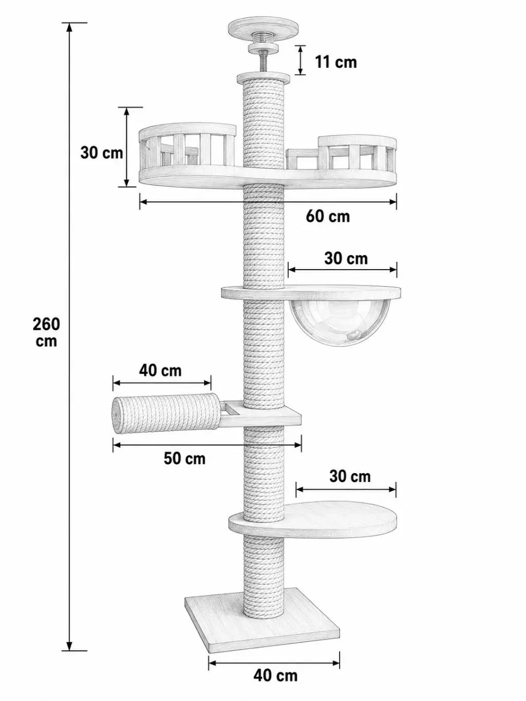 Dimensions de l’arbre à chat plafond bois Sommélia : base de 40 cm et hauteur réglable de 255 à 265 cm