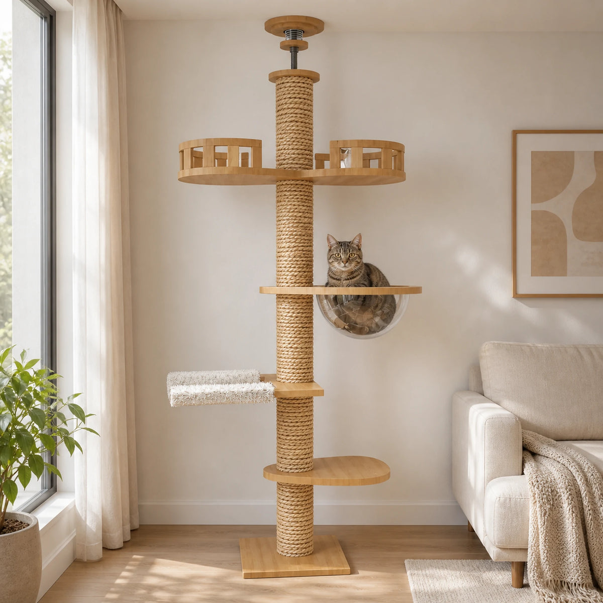 Arbre à chat plafond bois Sommélia installé dans un salon avec bulle, hamac et deux paniers supérieurs