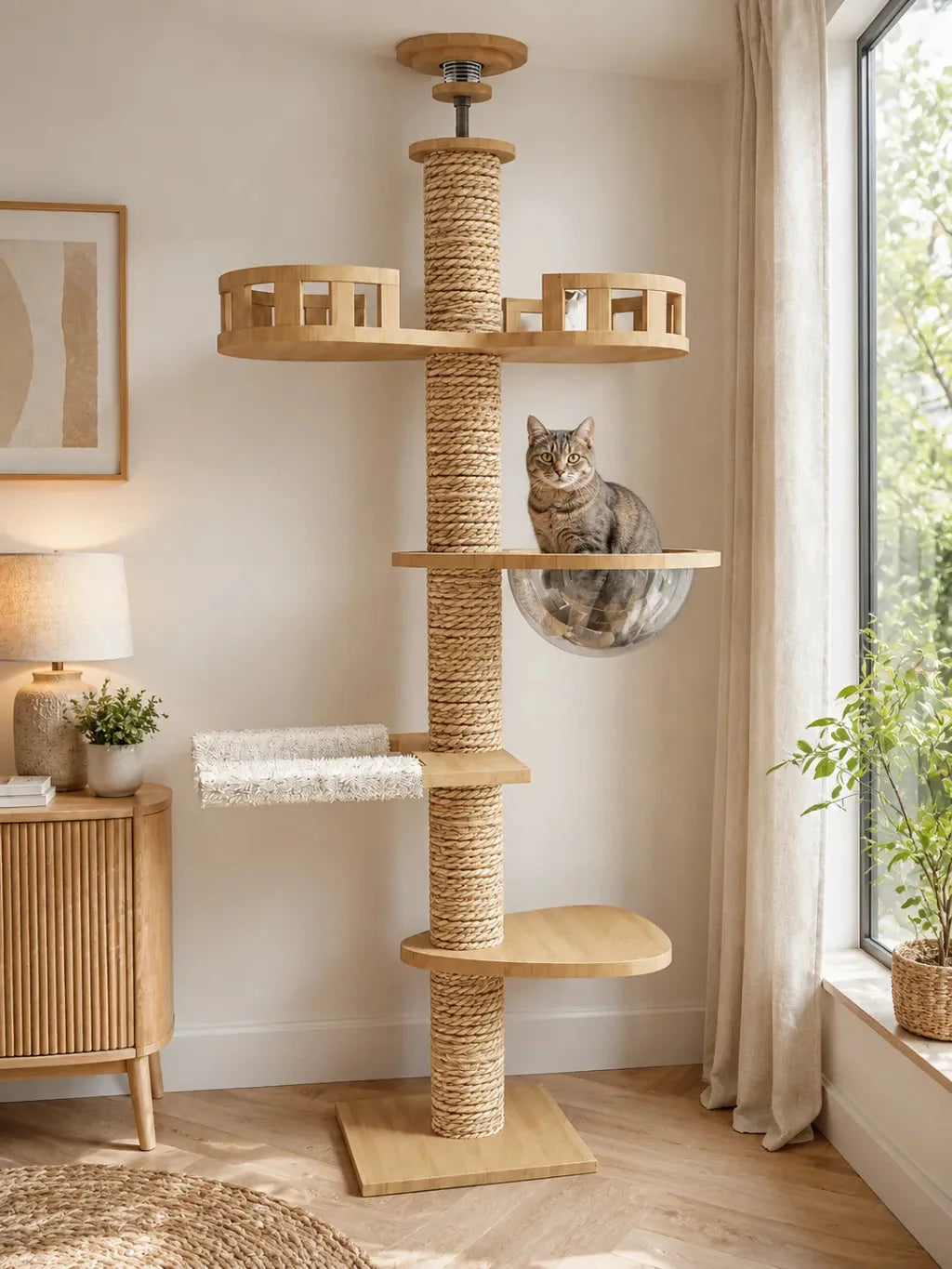Arbre à chat plafond bois Sommélia installé du sol au plafond dans un salon avec un chat dans la bulle