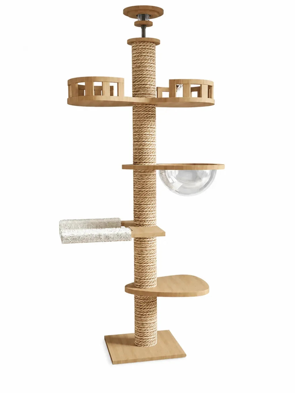 Arbre à chat plafond bois Sommélia réglable de 255 à 265 cm avec plateformes, hamac, bulle et paniers