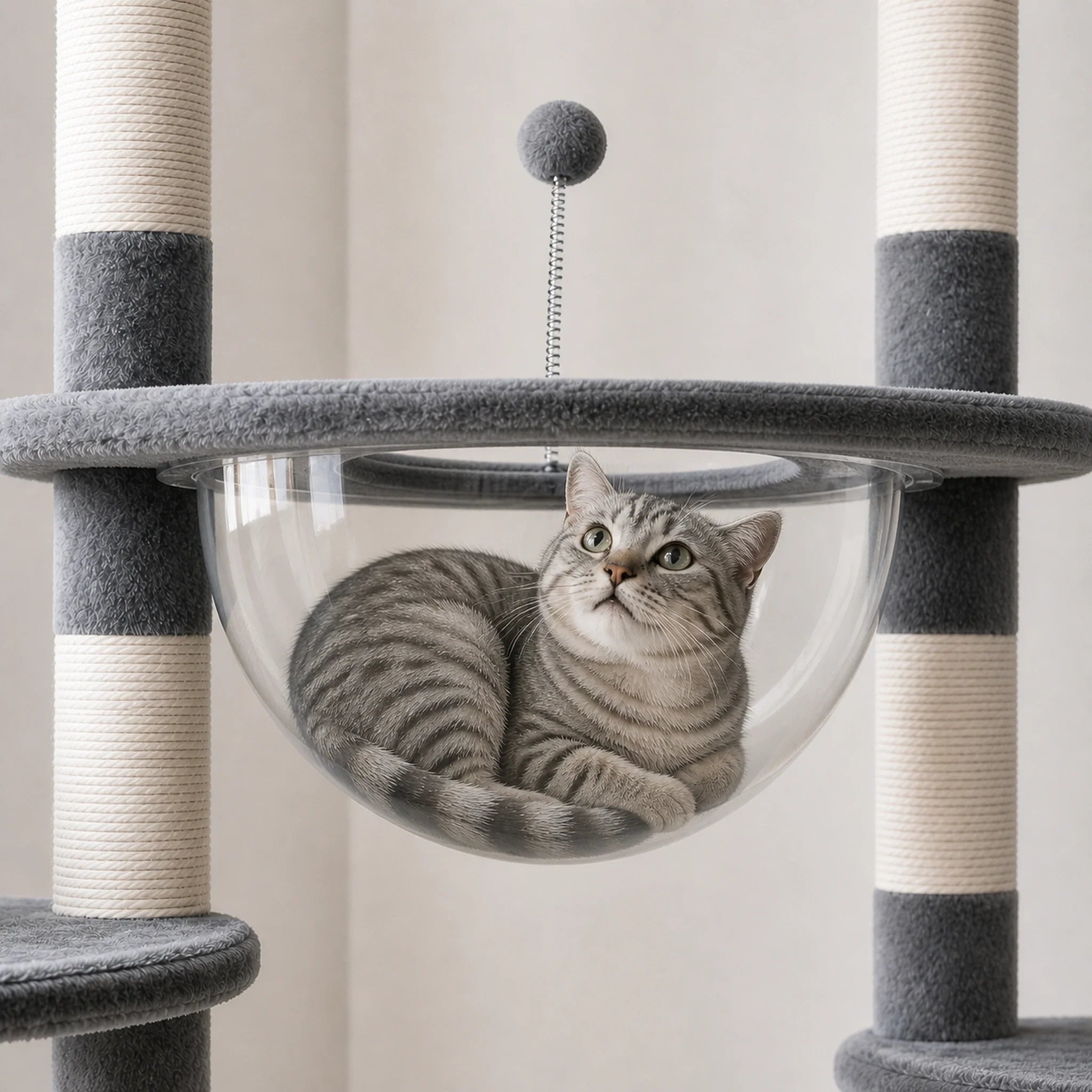 Chat installé dans la bulle transparente fermée de l’arbre à chat réglable XXL Sylvæa gris