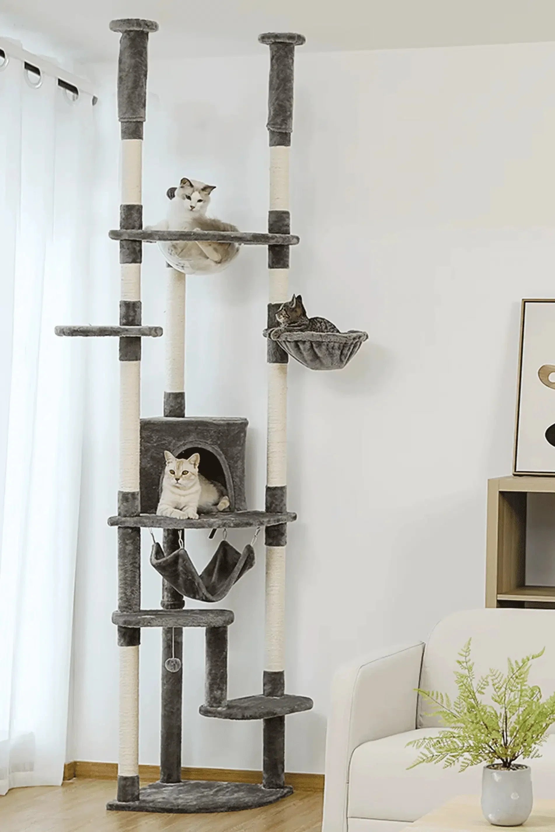 Arbre à chat réglable XXL Sylvæa installé du sol au plafond dans un salon contemporain lumineux