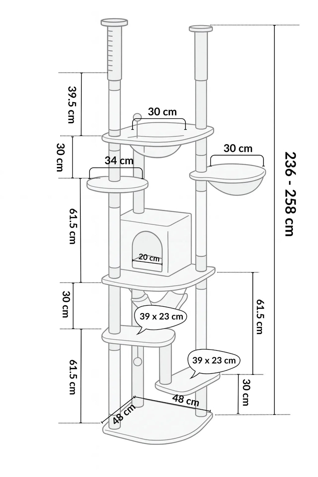 Dimensions de l’arbre à chat réglable XXL Sylvæa : base 48 × 48 cm et hauteur de 236 à 258 cm