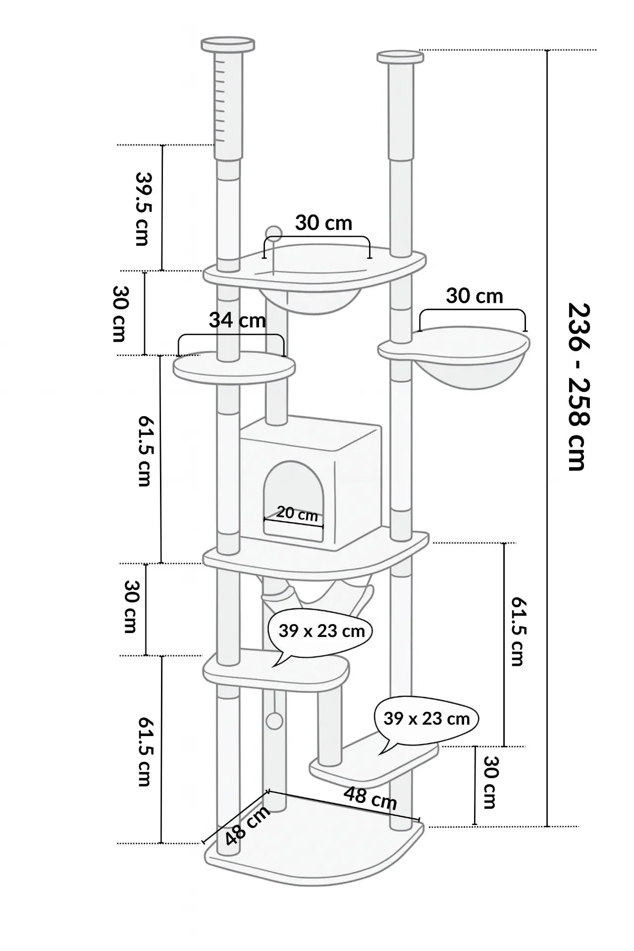 Dimensions de l’arbre à chat réglable XXL Sylvæa : base 48 × 48 cm et hauteur de 236 à 258 cm