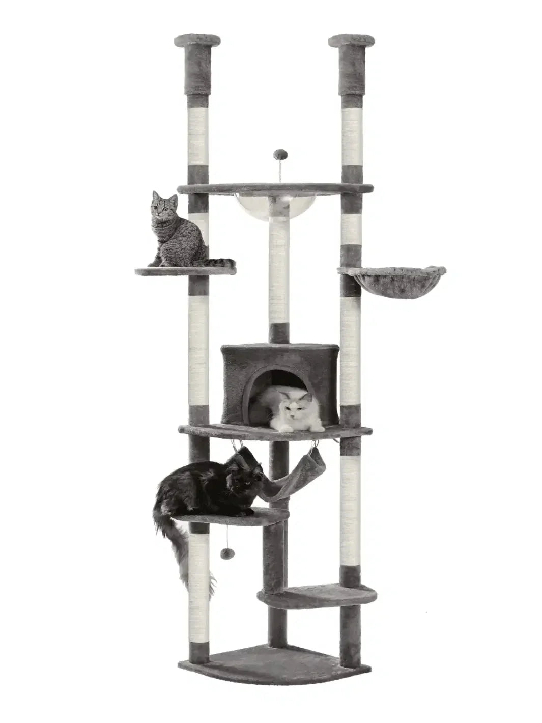 Arbre à chat réglable XXL Sylvæa gris avec niche, hamacs, bulle transparente et plusieurs chats