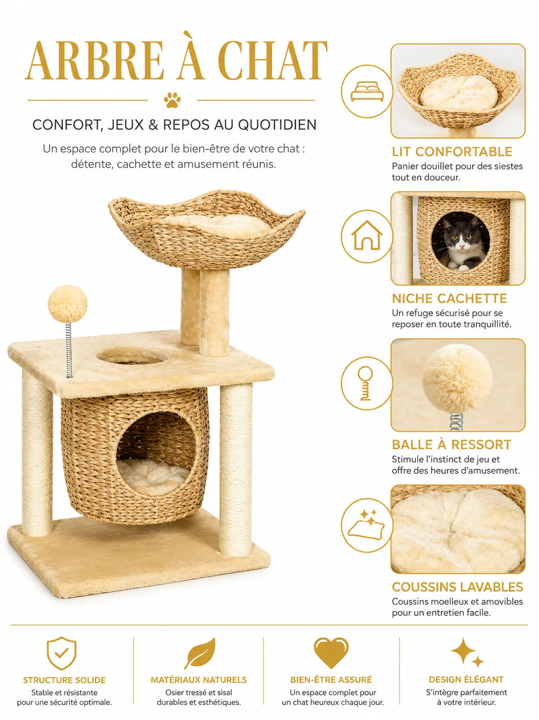 Niche tressée, panier et coussins de l'arbre à chat Vannélia