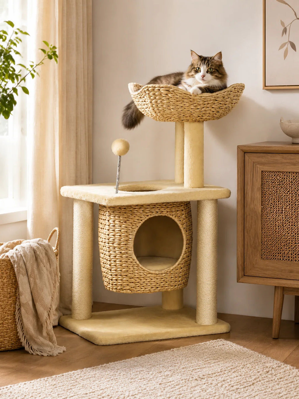 Arbre à chat rotin Vannélia installé dans un salon avec un chat