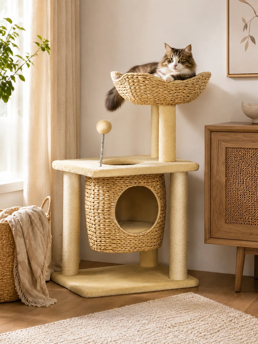 Arbre à chat rotin Vannélia installé dans un salon avec un chat