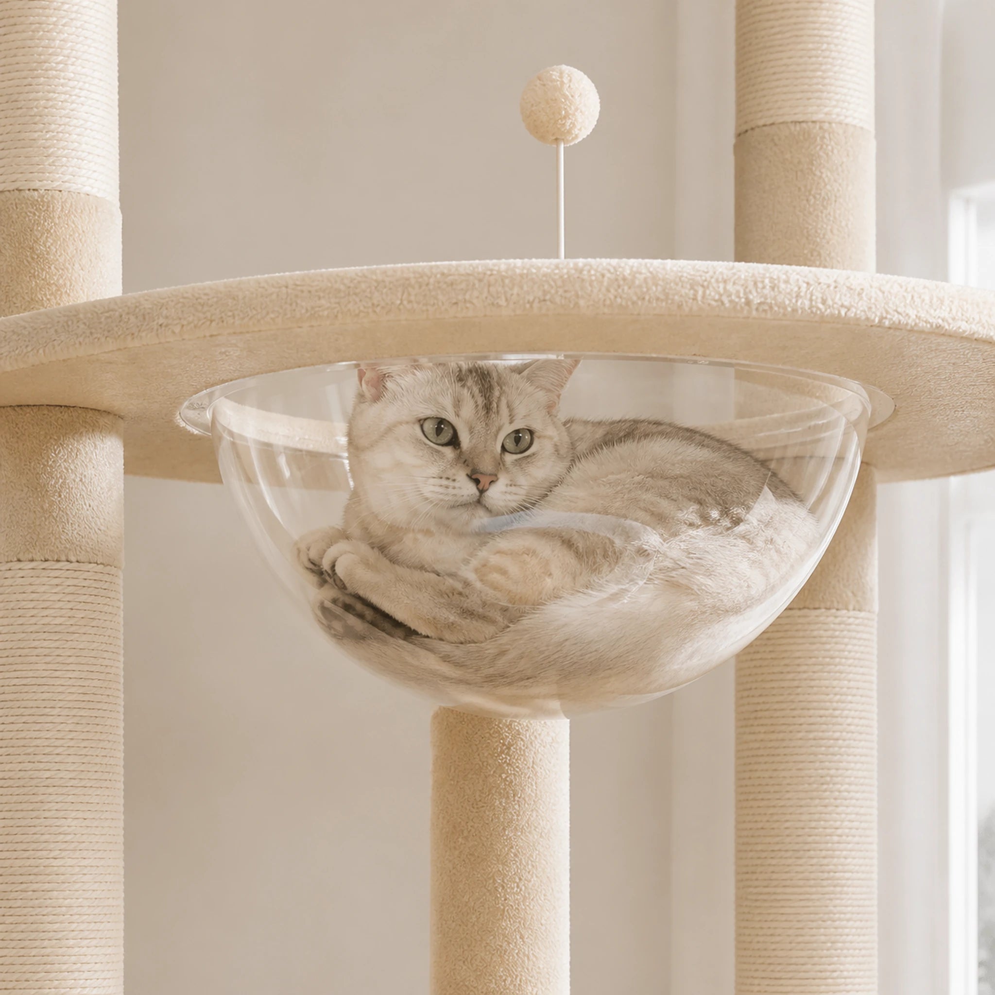 Chat installé dans la bulle transparente de l’arbre à chat Sérénya, entourée de poteaux griffoirs en sisal