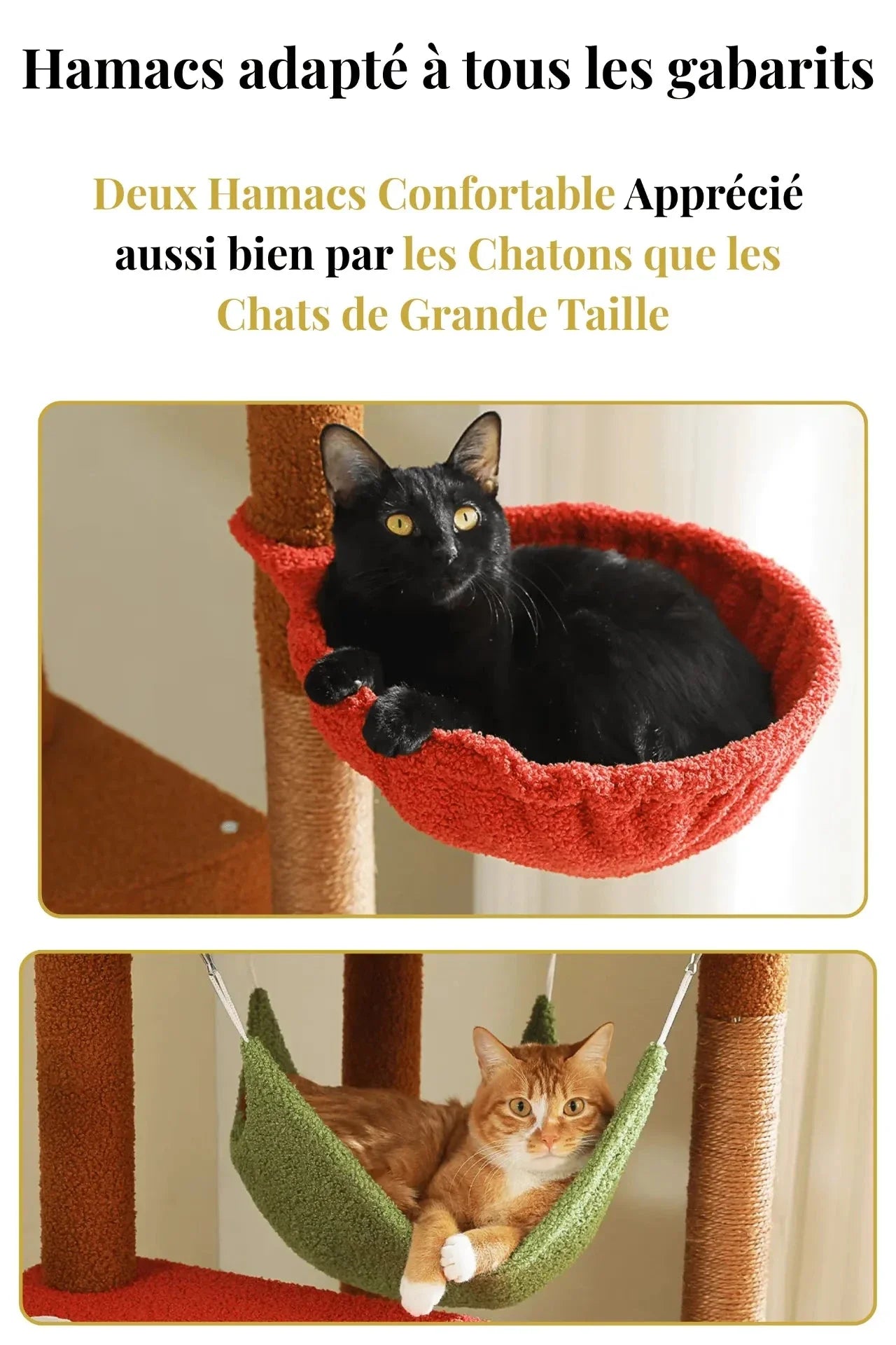 Deux hamacs pour chats de différents gabarits présentés sur l’arbre à chat Sérénya