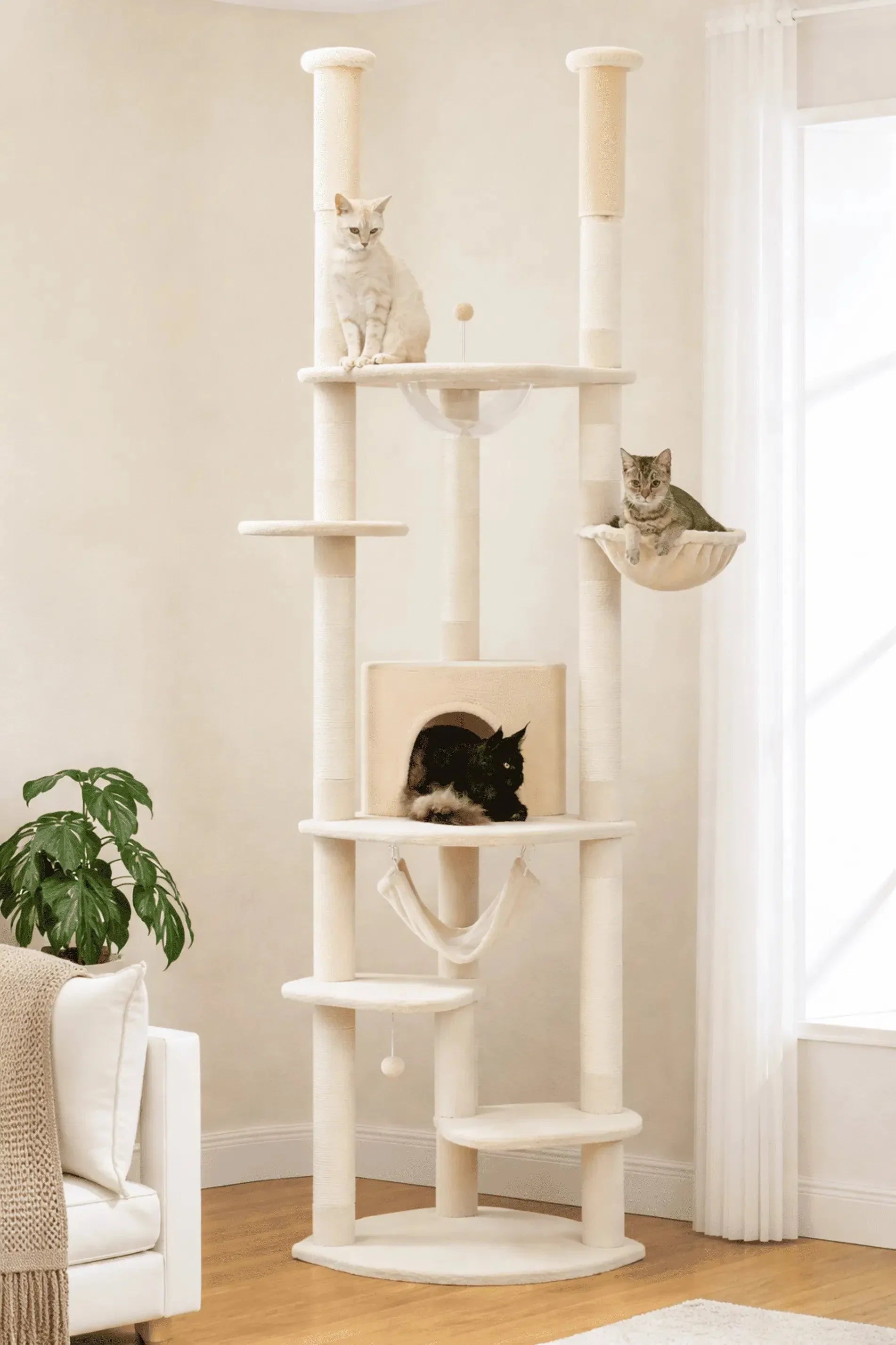 Arbre à chat réglable XXL Sérénya beige installé dans un salon lumineux avec trois chats sur ses couchages