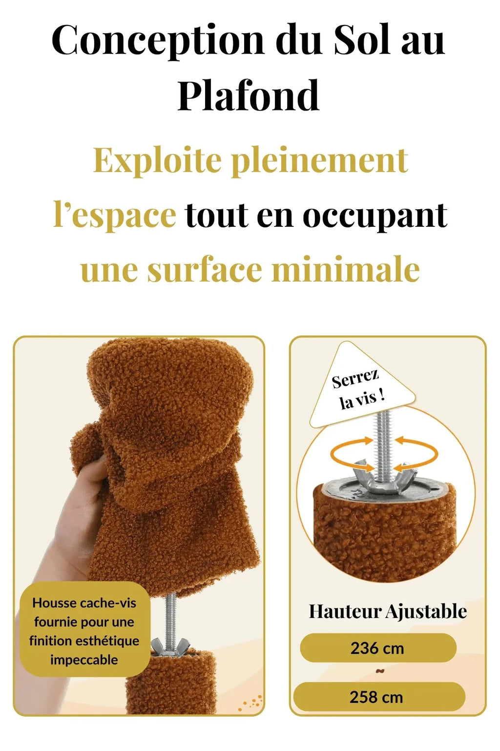 Réglage de hauteur 236 à 258 cm de l’arbre à chat sol-plafond Sérénya avec housse cache-vis