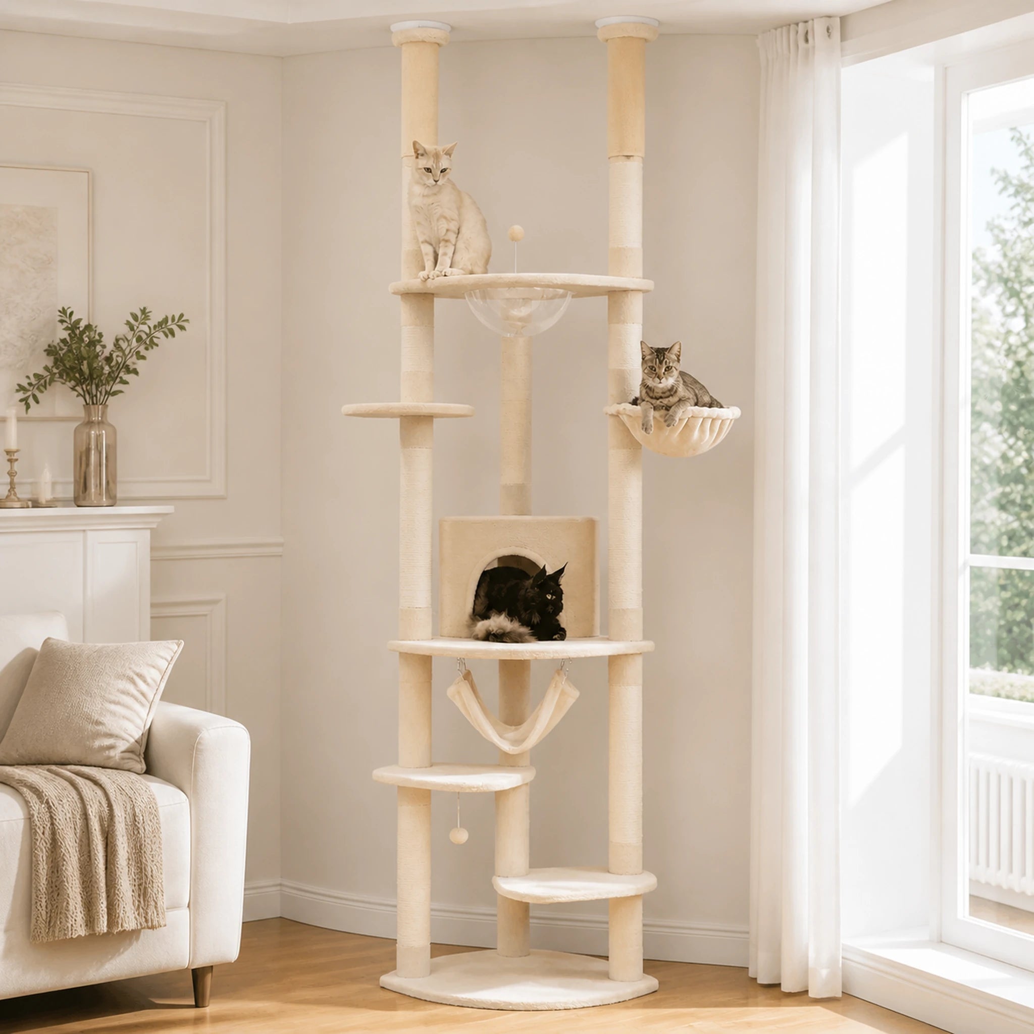 Arbre à chat sol-plafond Sérénya beige dans un salon moderne, avec plusieurs chats répartis sur ses couchages