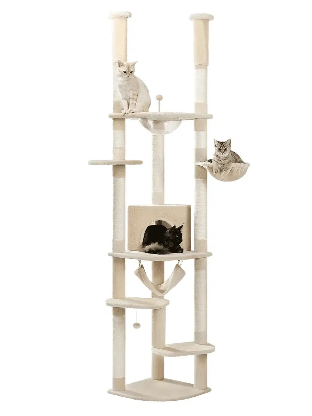 Arbre à chat sol-plafond Sérénya beige avec niche, hamacs, bulle transparente et poteaux en sisal