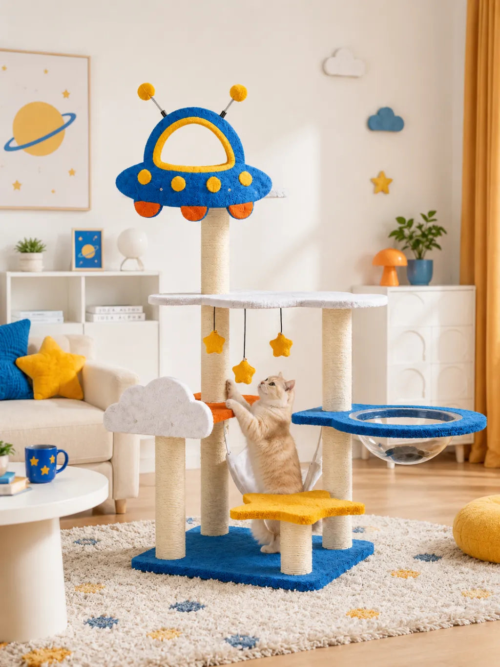 Arbre à chat spatial Orbitia installé en intérieur avec design bleu et thème galactique