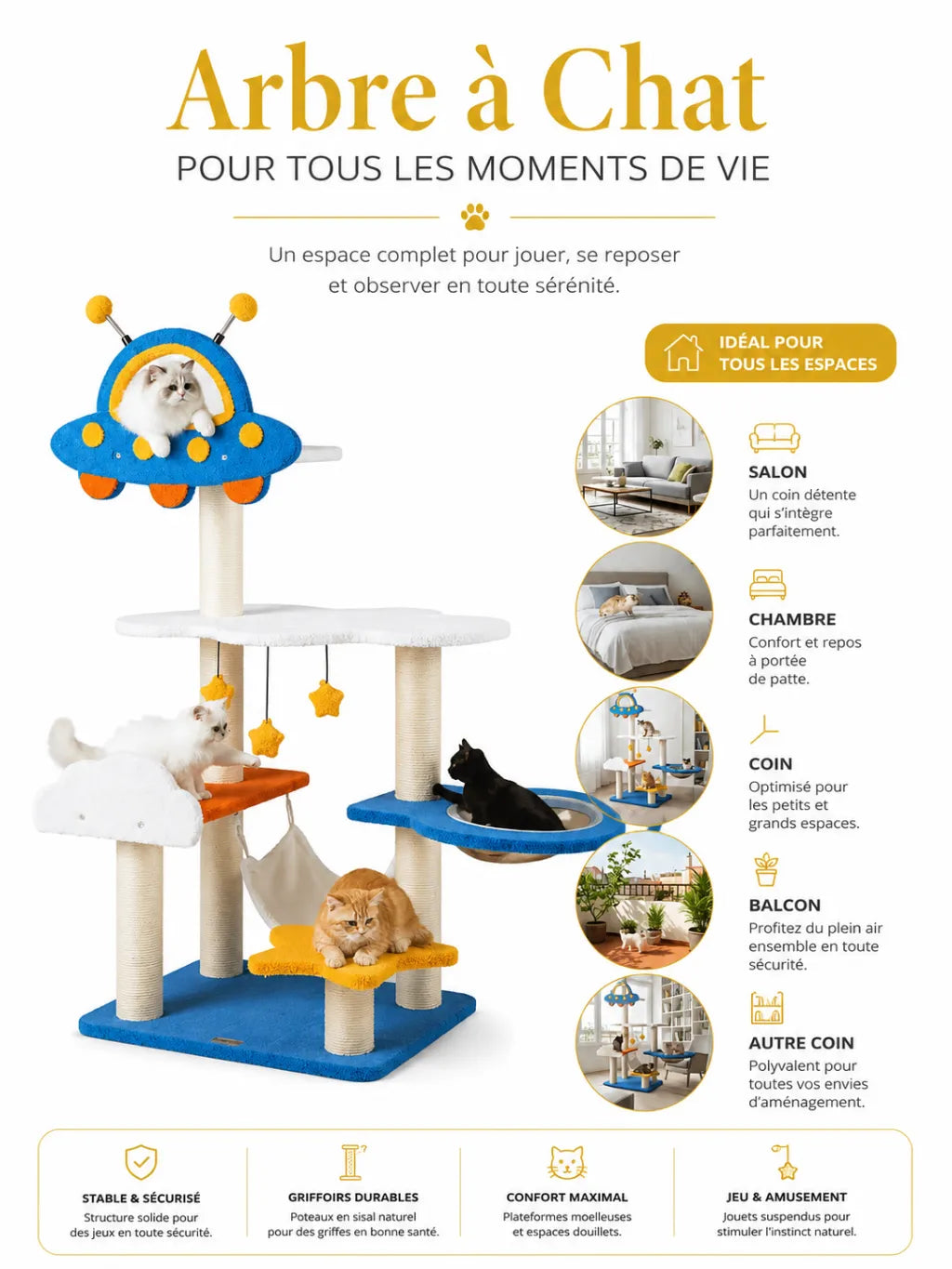 Perchoir UFO de l’arbre à chat spatial Orbitia pour observer en hauteur