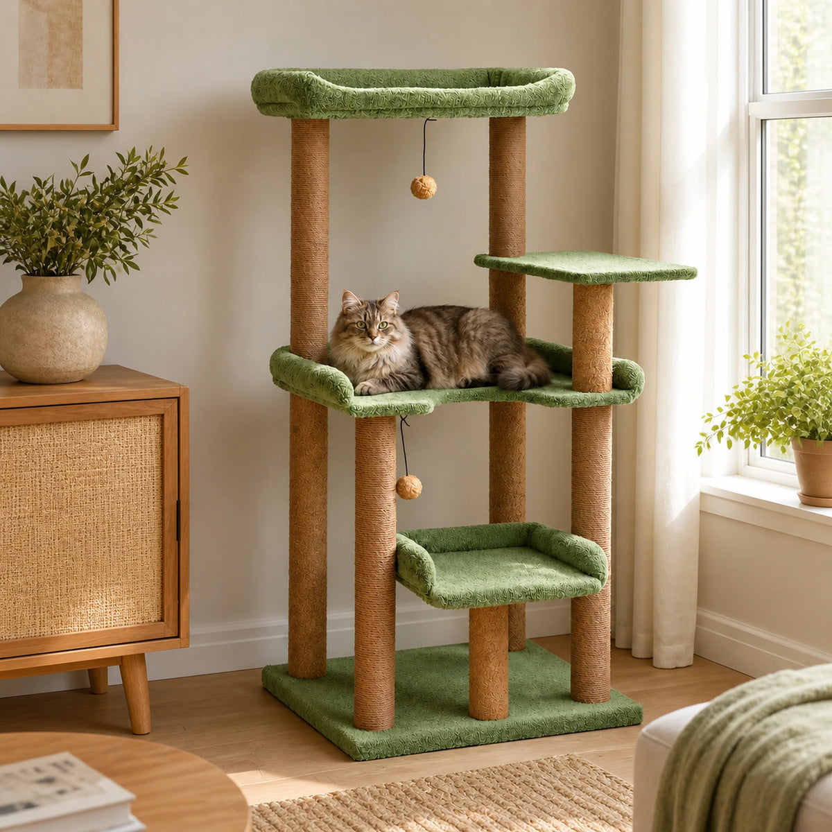 Arbre à chat vert 110 cm Verdoria dans un salon avec un chat installé sur le grand palier central