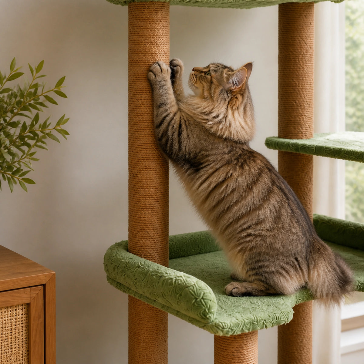 Poteau griffoir en corde de l’arbre à chat vert Verdoria utilisé par un chat depuis le palier central