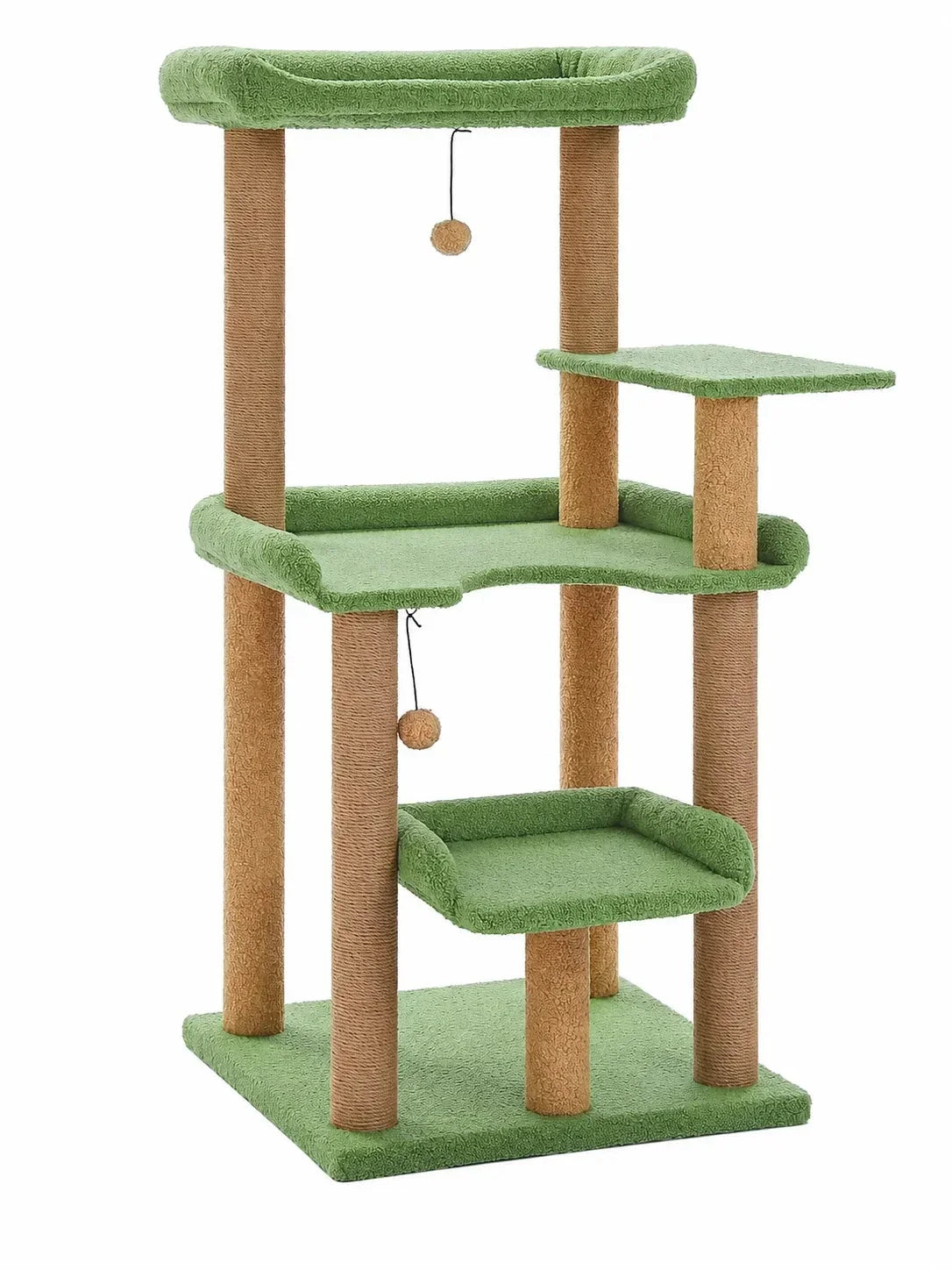 Arbre à chat vert 110 cm Verdoria avec quatre paliers, trois couchages et poteaux griffoirs