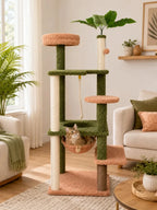 Arbre à chat vert Canopia en ambiance salon avec niche, plateformes et feuillage décoratif