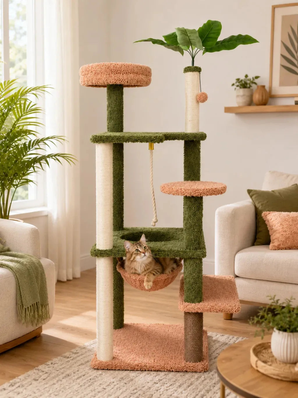 Arbre à chat vert Canopia en ambiance salon avec niche, plateformes et feuillage décoratif