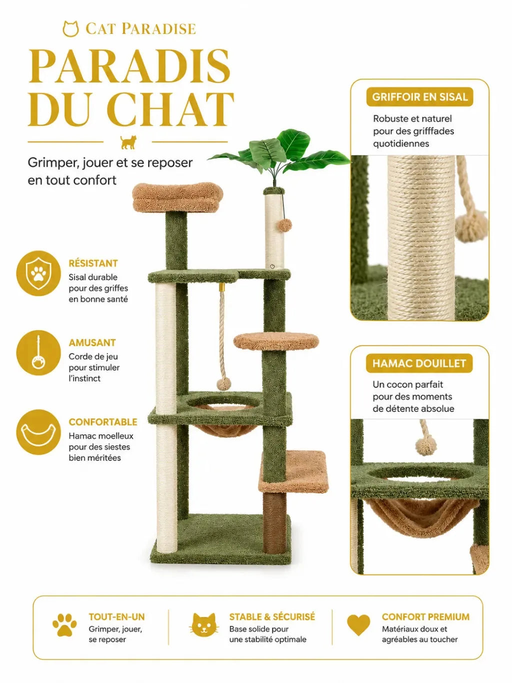 Détails sisal, auto-brosse et corde de jeu de l’arbre à chat vert Canopia