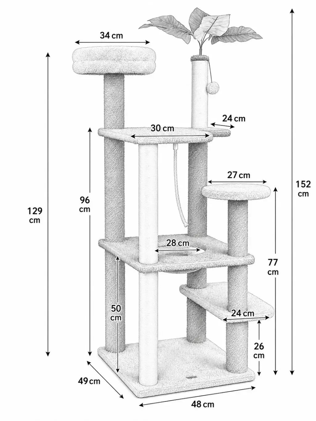 Dimensions 152 cm de l’arbre à chat vert avec niche et auto-brosse Canopia