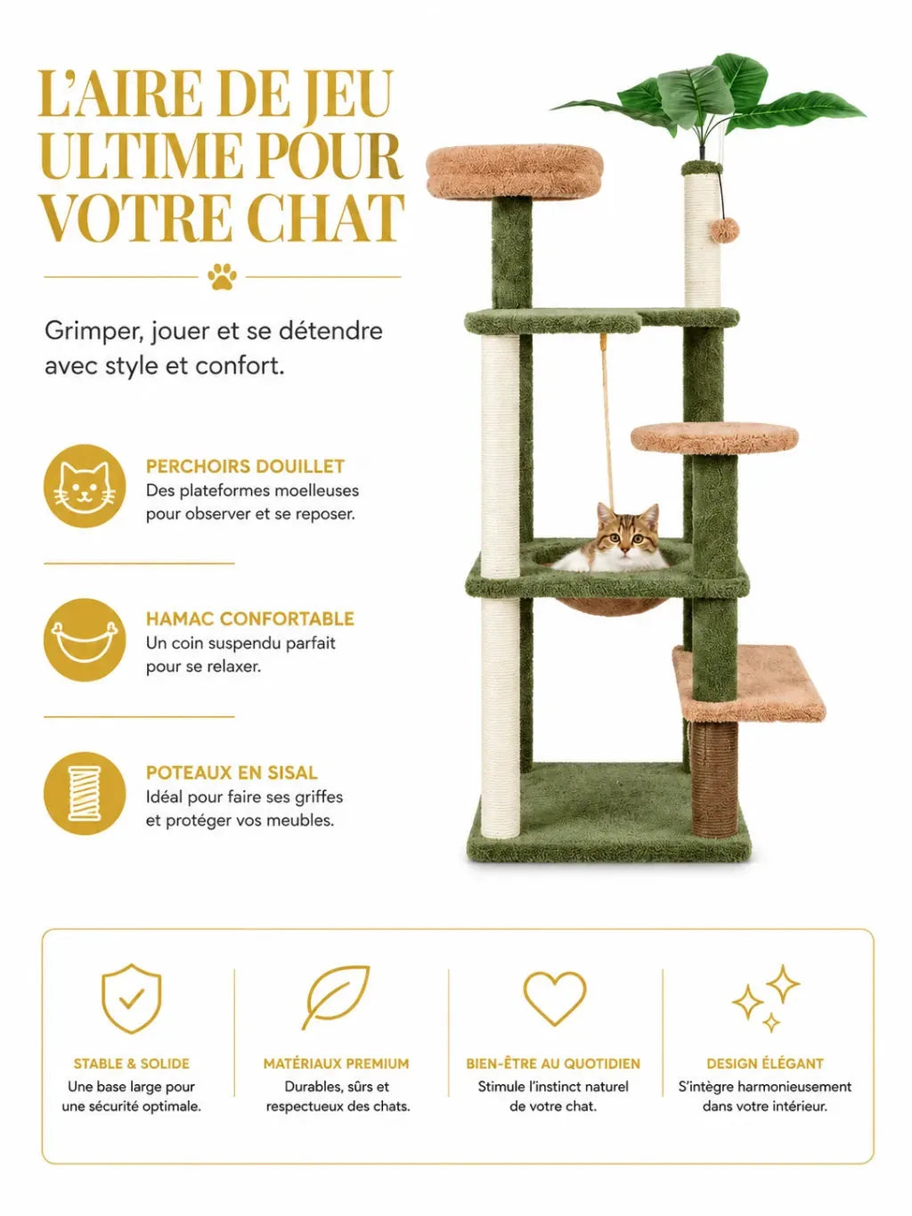 Espace de jeu vertical de l’arbre à chat vert Canopia avec plateformes et corde suspendue