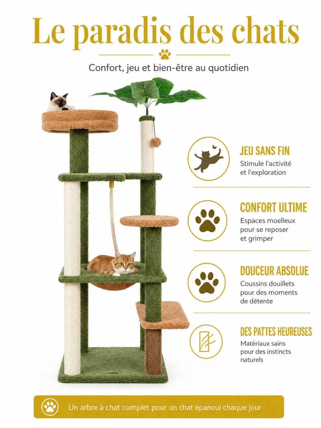 Paradis du chat avec arbre à chat vert Canopia, perchoirs, niche et zones de jeu