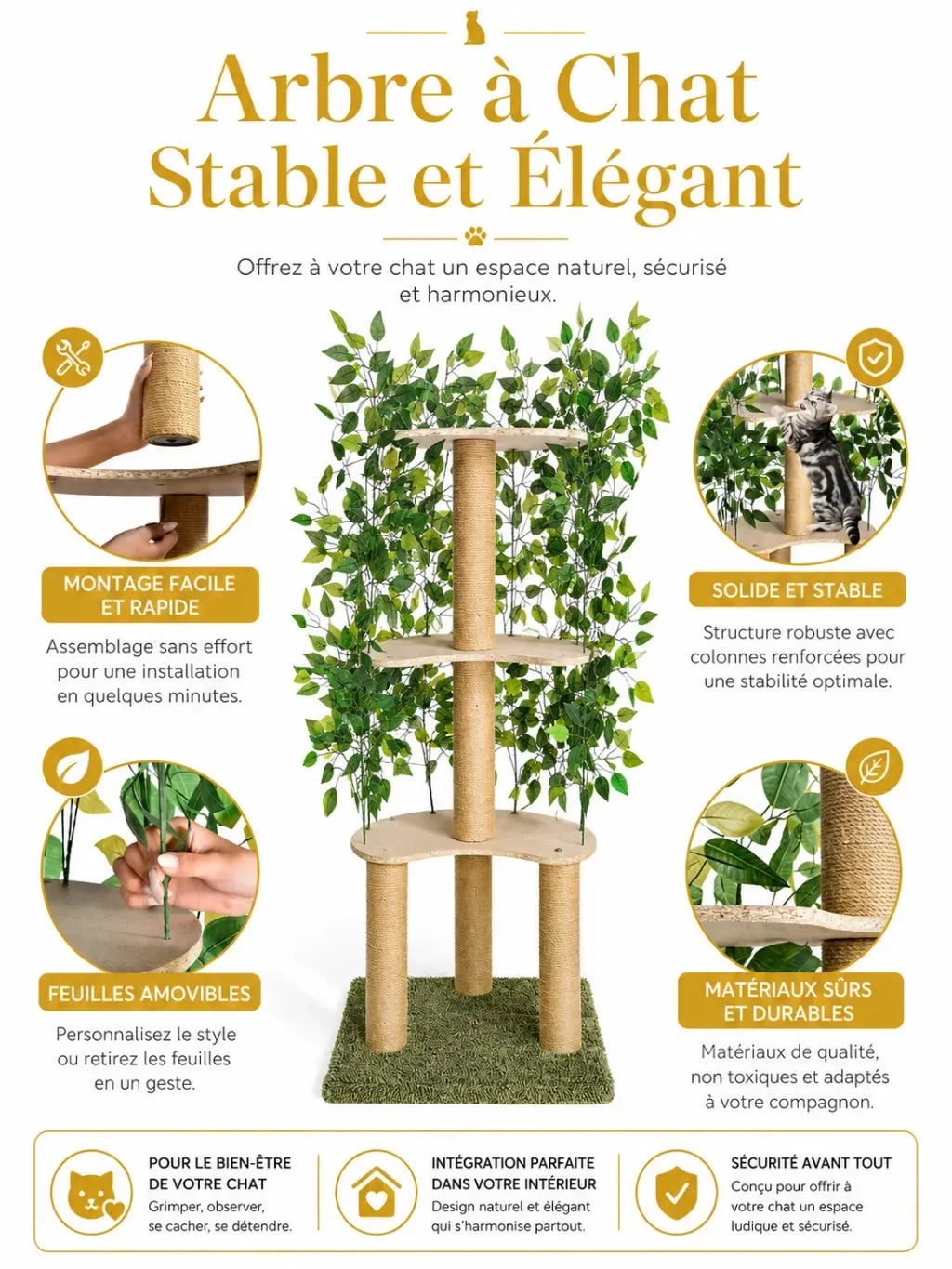 Arbre à chat vert Arborévia avec montage facile, structure stable et feuilles amovibles