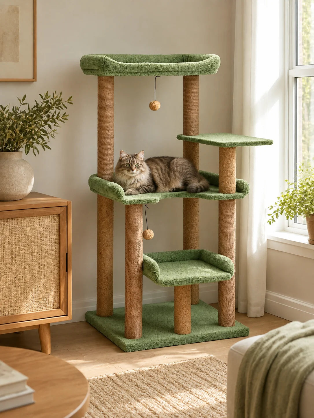 Arbre à chat vert Verdoria installé dans un salon lumineux