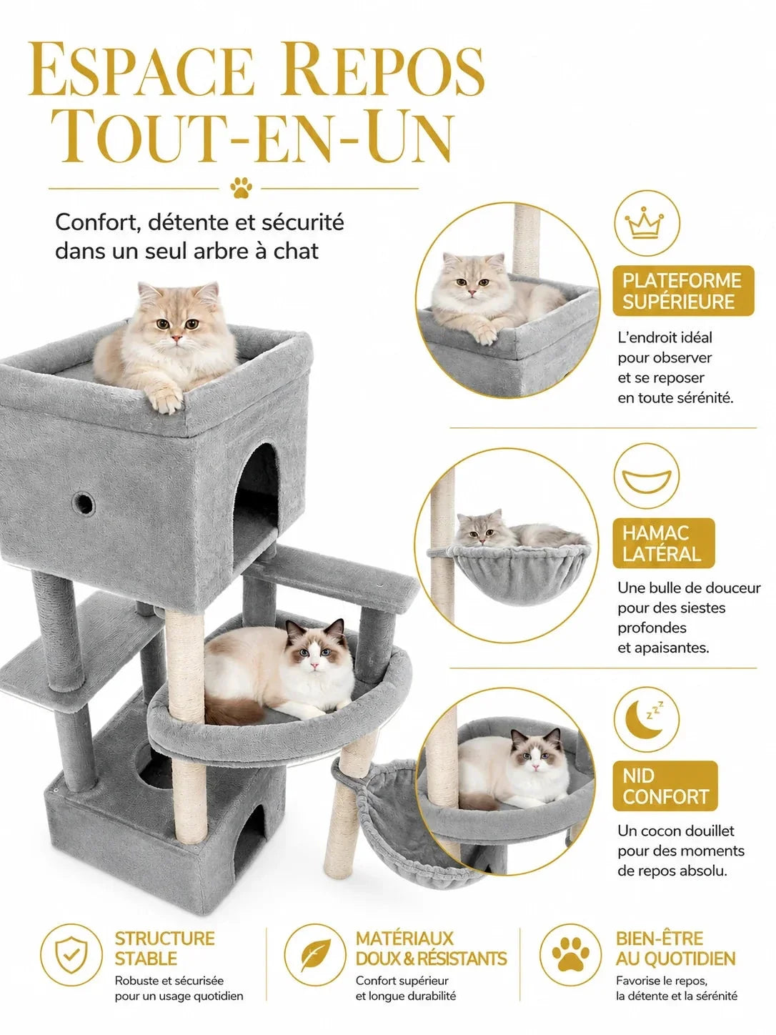 Hamac et espaces de repos de l’arbre à chat XXL Majestoria avec niches et plateforme haute