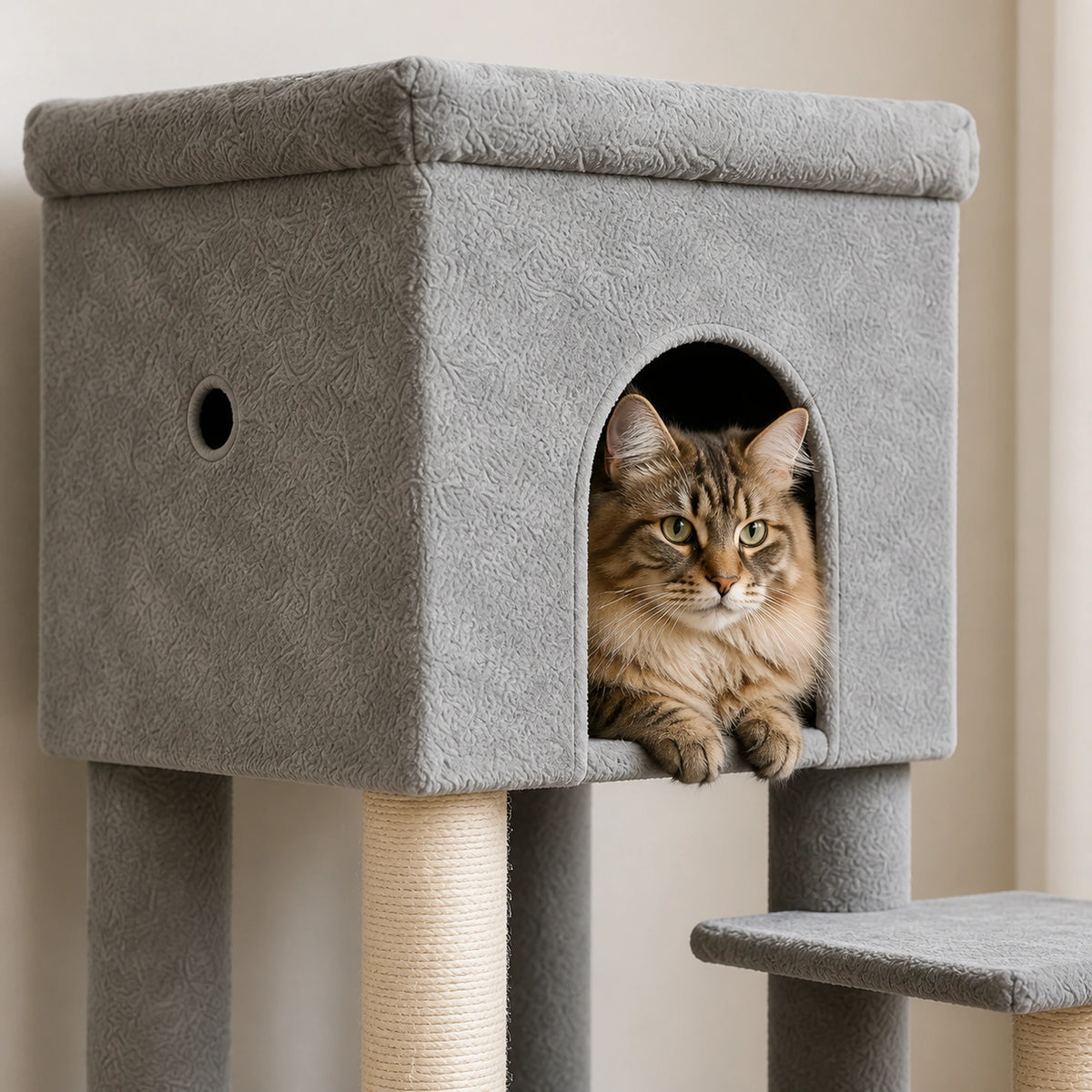 Niche spacieuse de l’arbre à chat XXL Majestoria avec un Maine Coon visible par l’entrée frontale