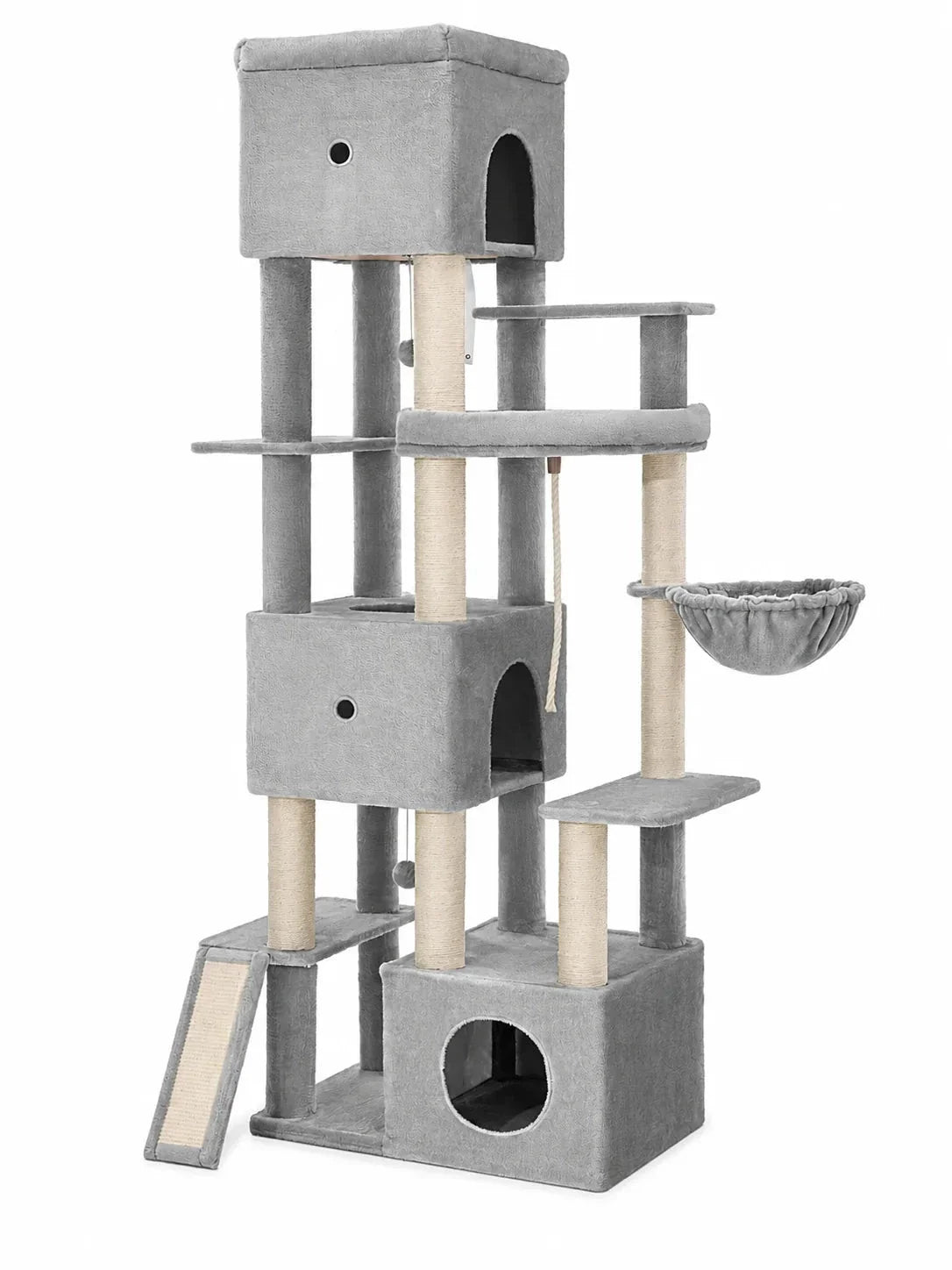 Arbre à chat XXL 200 cm Majestoria pour Maine Coon avec trois niches, hamac, rampe et plateformes
