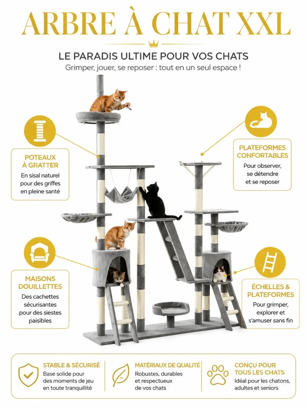 Arbre à chat XXL Emprelia avec niches, plateformes et zones à griffer