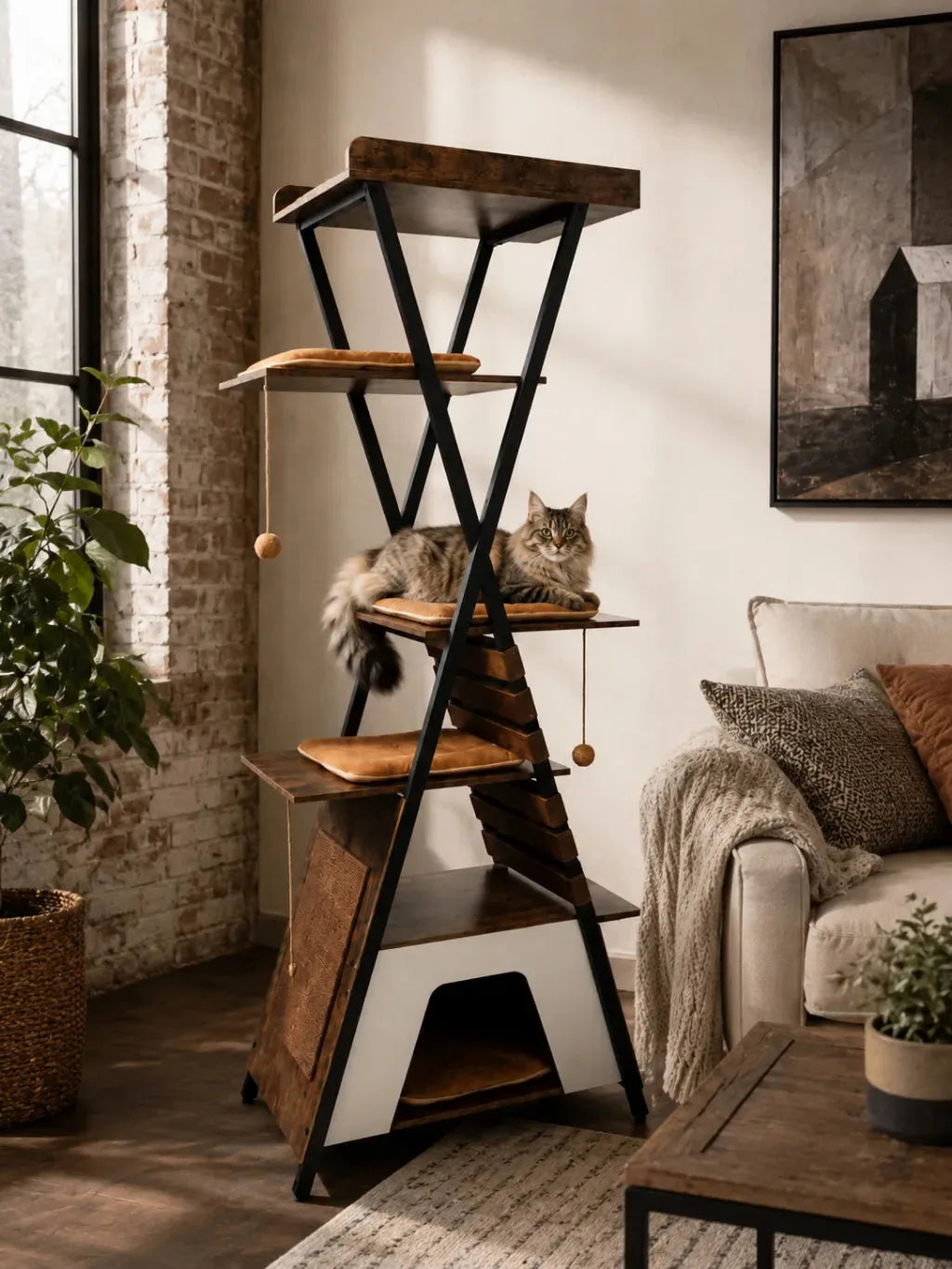 Arbre à chat XXL Ferrovia style bois brun dans un salon