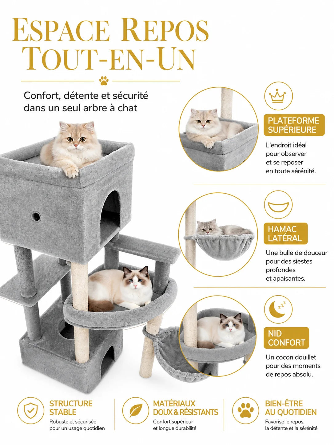 Hamac, plateformes et niches de repos de l'arbre à chat Majestoria