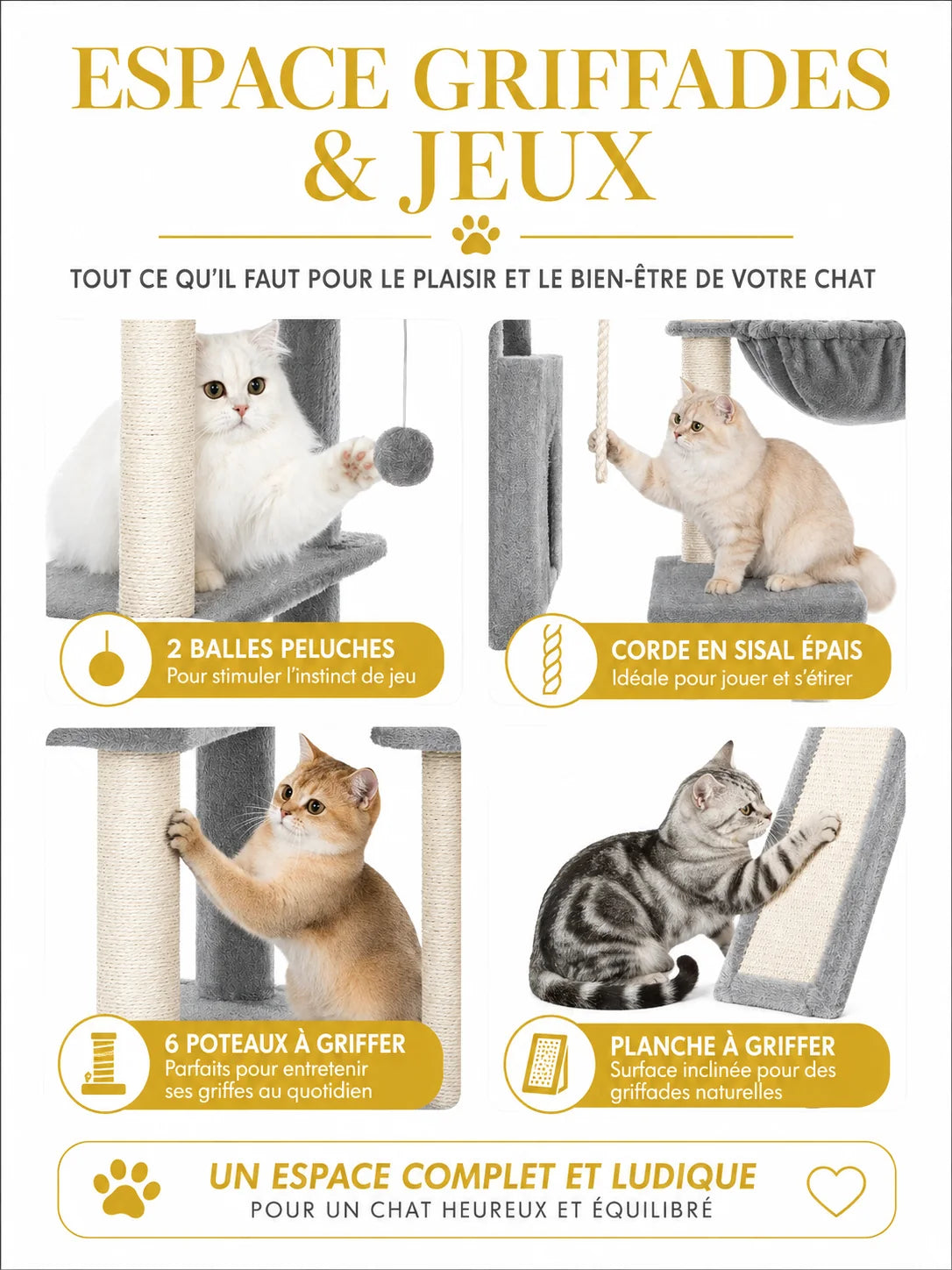 Poteaux en sisal et planche griffoir de l'arbre à chat XXL Majestoria