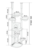 Dimensions de l’arbre à chat XXL vert Verdelis : base 48 × 48 cm et hauteur réglable de 236 à 258 cm