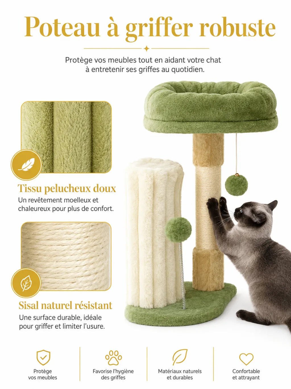 Poteaux griffoirs en sisal du petit arbre à chat vert Viridia pour entretenir les griffes