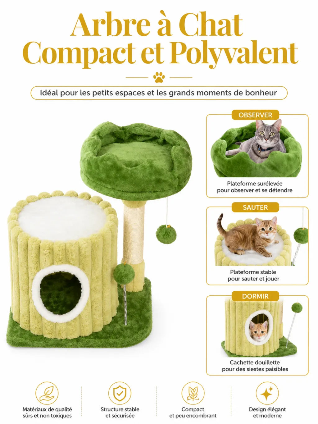Jouets suspendus du petit arbre à chat Viridia avec pompon, clochette et jouet sur ressort